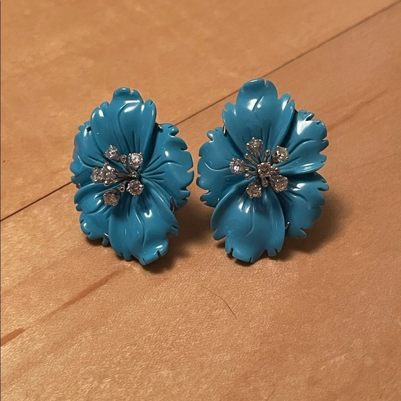 Cathy Waterman Turquoise Enamel & Diamond Flower Earrings - Picture 8 of 8